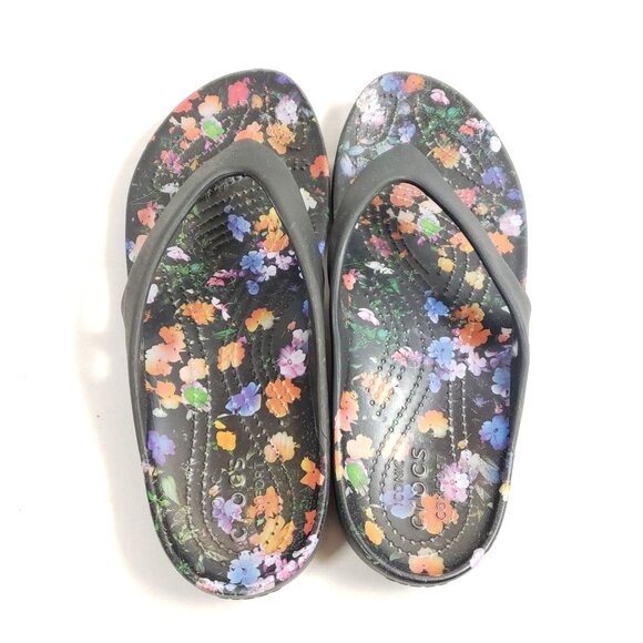 Crocs Womens Size 9 Floral Print Black Flip-Flops - Picture 7 of 8